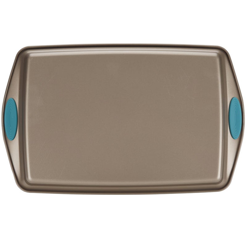 Rachael Ray Cucina Nonstick Bakeware Set with Grips, Nonstick Cookie Sheet / Baking Sheet and Crisper Pan - 2 Piece, Latte Brown with Agave Blue Handle Grips - Image 2
